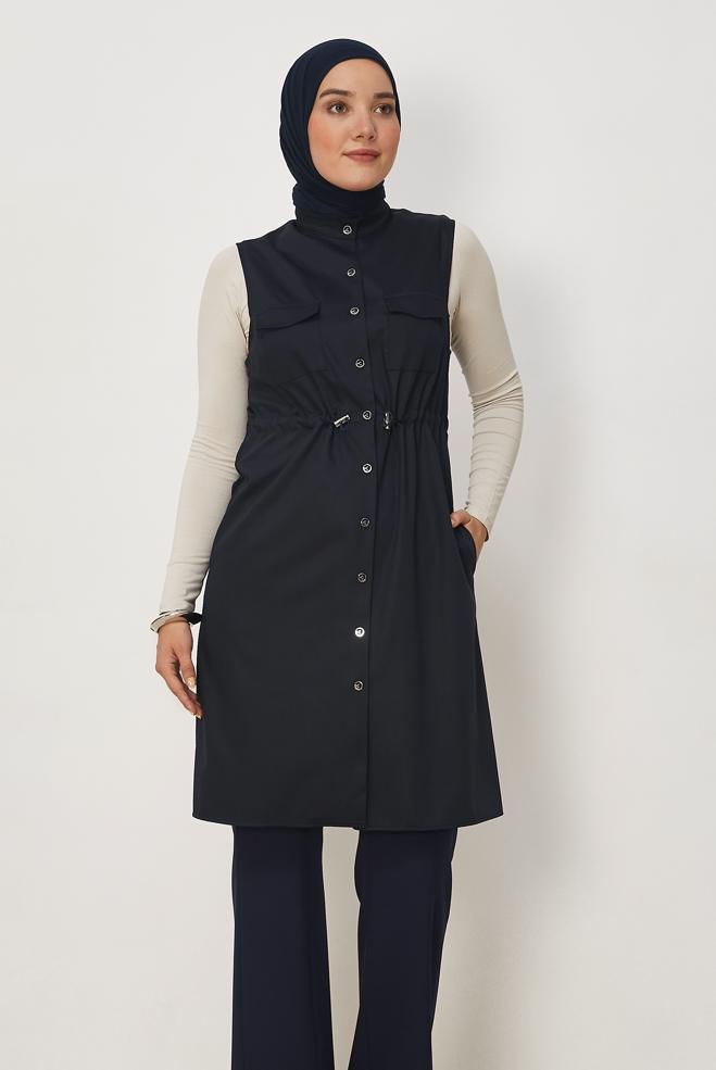 Vêtements hijab BLEU MARINE GILET SMOCKÉ À LA TAILLE 46688 - ALVİNA