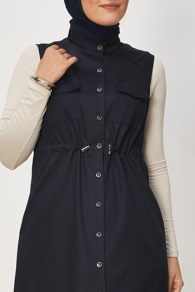 Vêtements hijab BLEU MARINE GILET SMOCKÉ À LA TAILLE 46688 - ALVİNA