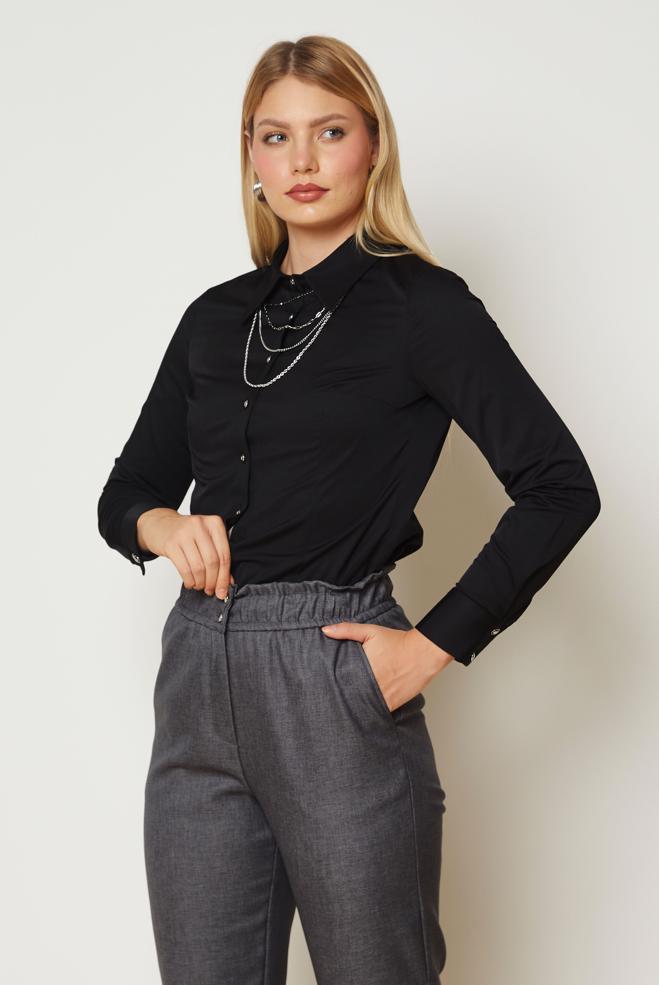 Vêtements hijab NOIR CHEMISIER EN SATIN À COL CHEMISE 47059 - ALVİNA