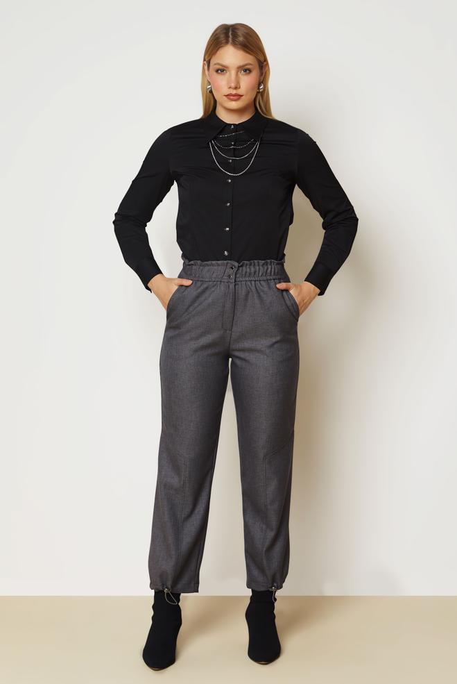 Vêtements hijab NOIR CHEMISIER EN SATIN À COL CHEMISE 47059 - ALVİNA