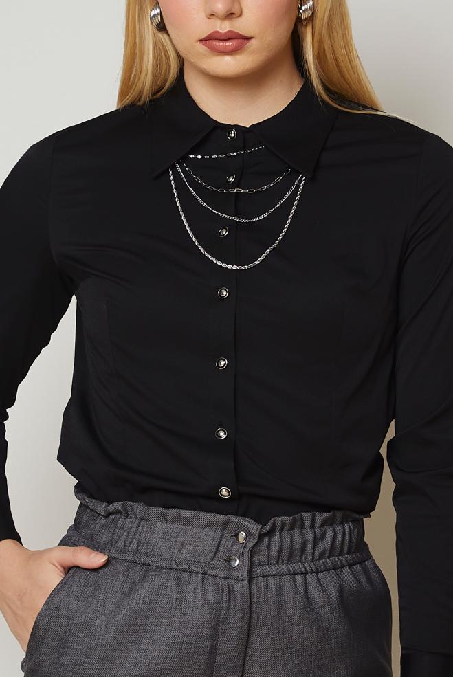 Vêtements hijab NOIR CHEMISIER EN SATIN À COL CHEMISE 47059 - ALVİNA