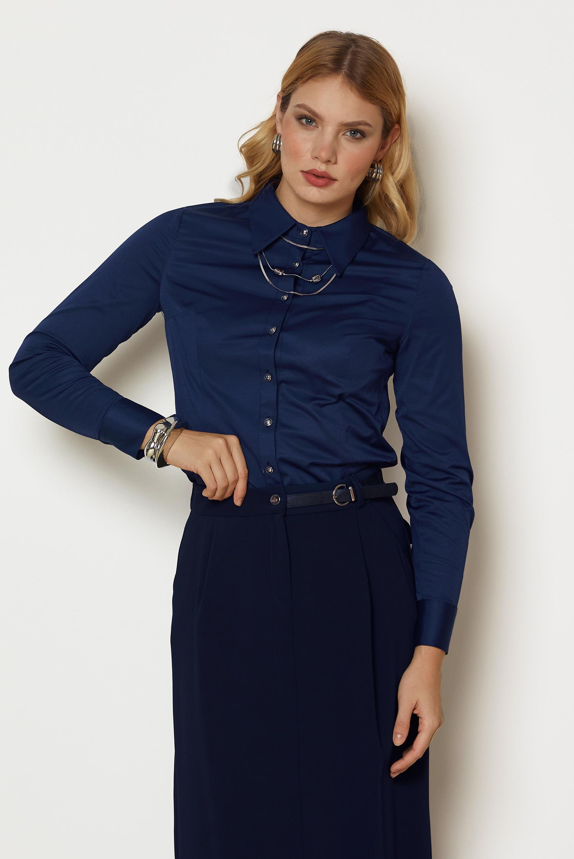 Vêtements hijab BLEU MARINE CHEMISIER EN SATIN À COL CHEMISE 47059
