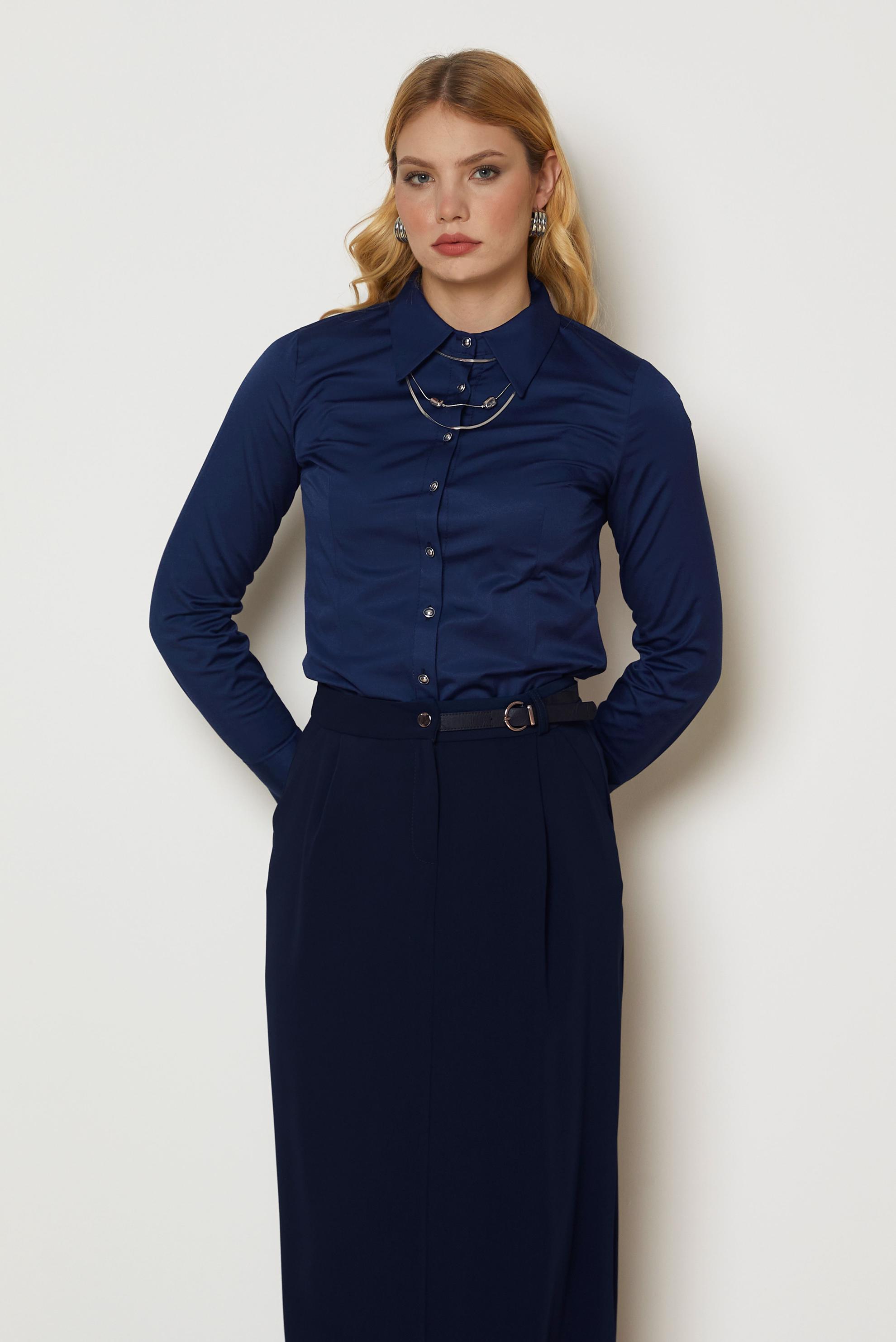 Vêtements hijab BLEU MARINE CHEMISIER EN SATIN À COL CHEMISE 47059
