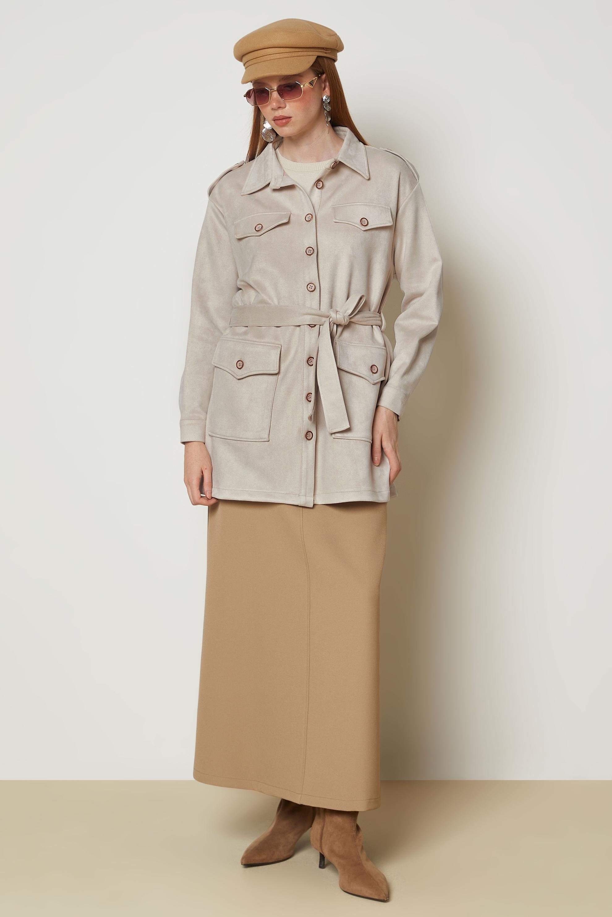Tesettür giyim KAHVE KUŞAKLI SÜET GİY ÇIK 47021