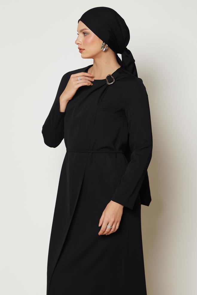 Hijab clothing BLACK BELTED DRESS 46886 - ALVİNA