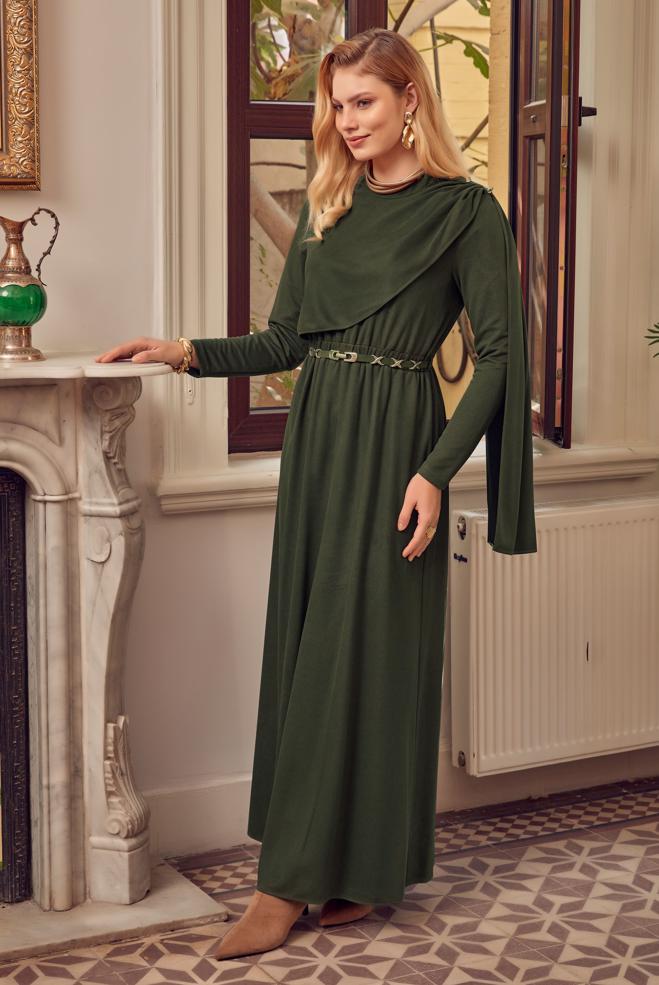 Hijab clothing KHAKI BELTED SUEDE DRESS 47004 - ALVİNA