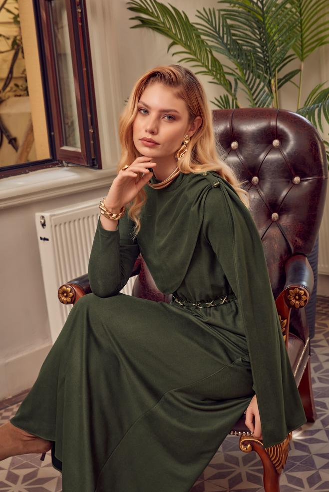 Hijab clothing KHAKI BELTED SUEDE DRESS 47004 - ALVİNA