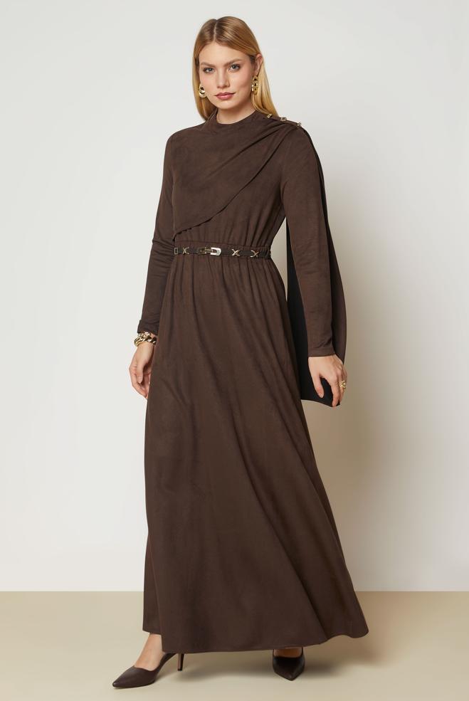 Hijab clothing BROWN BELTED SUEDE DRESS 47004 - ALVİNA