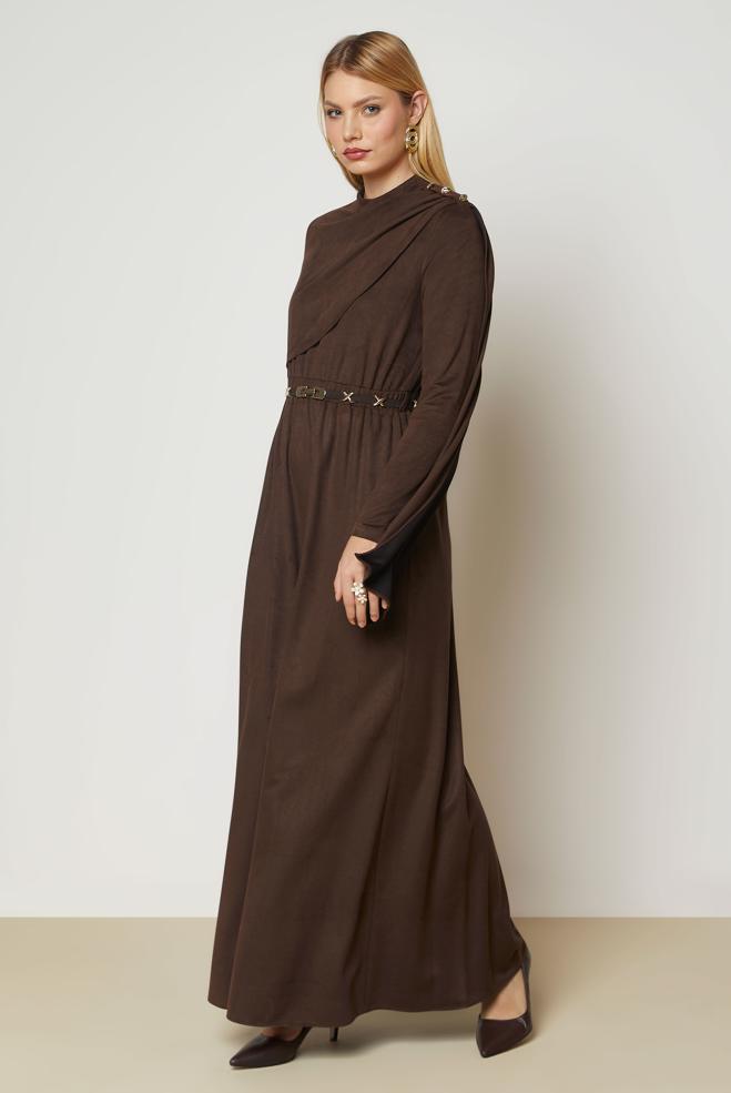 Hijab clothing BROWN BELTED SUEDE DRESS 47004 - ALVİNA