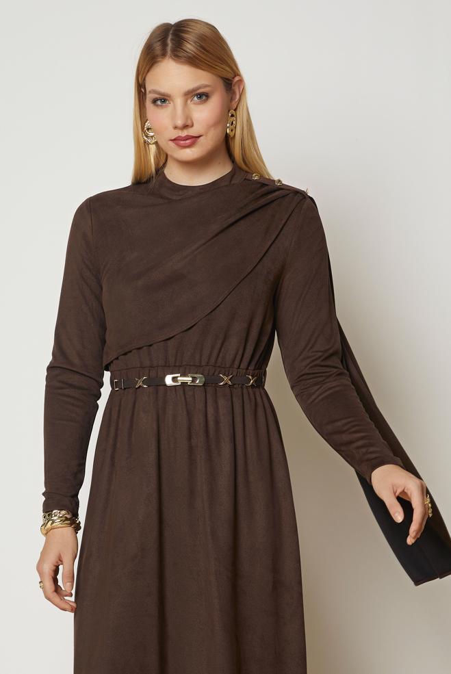 Hijab clothing BROWN BELTED SUEDE DRESS 47004 - ALVİNA