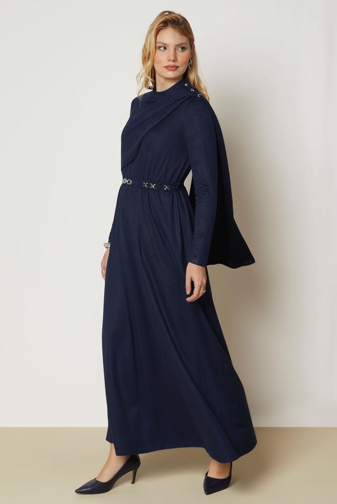 Hijab clothing NAVY BLUE BELTED SUEDE DRESS 47004 - ALVİNA