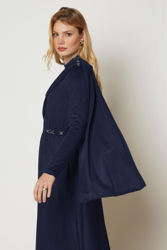 Hijab clothing NAVY BLUE BELTED SUEDE DRESS 47004 - ALVİNA