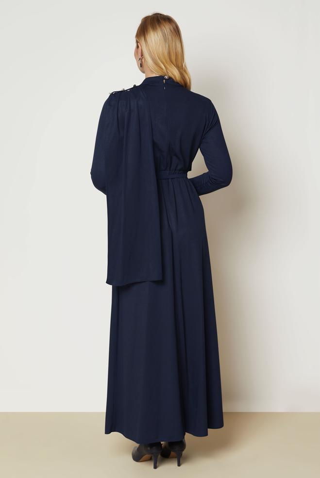 Hijab clothing NAVY BLUE BELTED SUEDE DRESS 47004 - ALVİNA