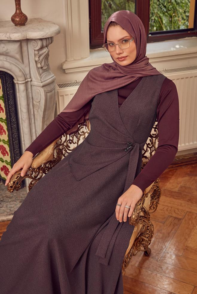 Hijab clothing BROWN BELTED PINAFORE DRESS 47056 - ALVİNA