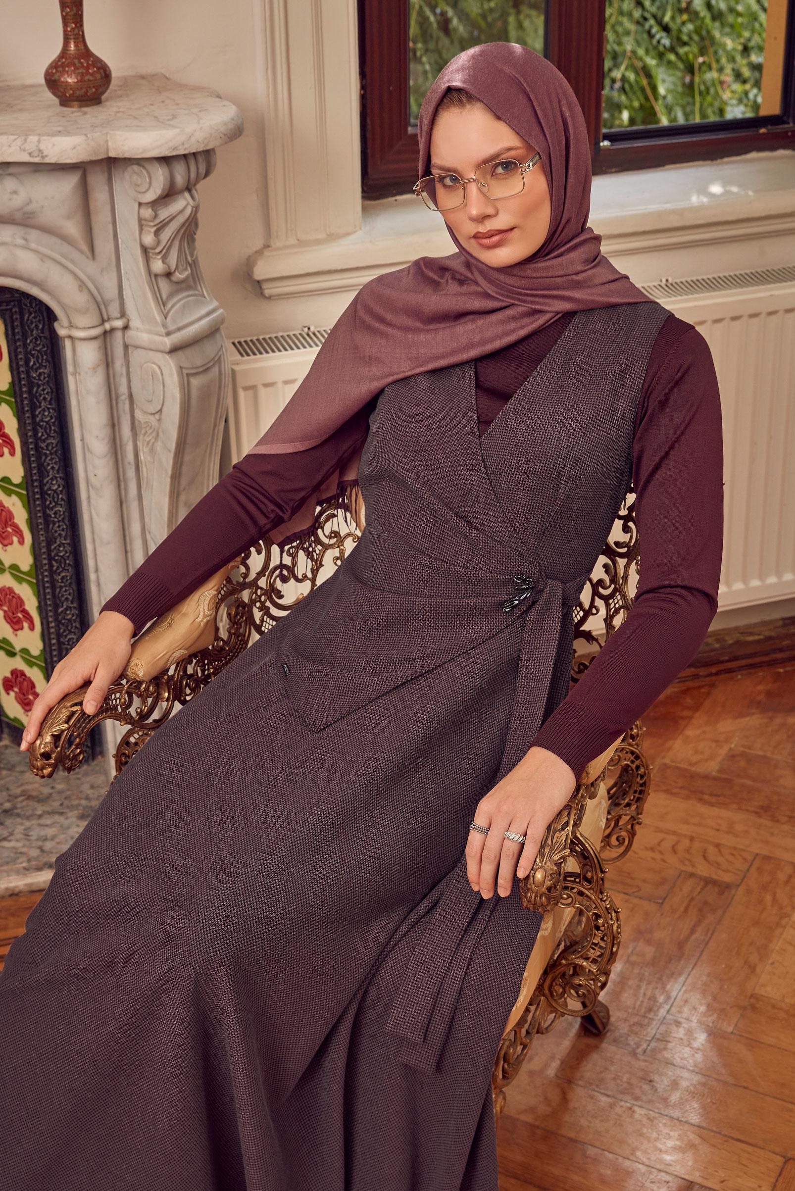 Hijab clothing BROWN BELTED PINAFORE DRESS 47056