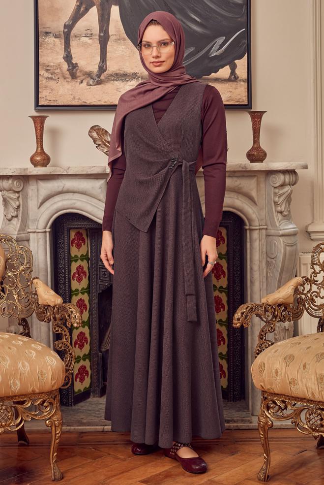 Hijab clothing BROWN BELTED PINAFORE DRESS 47056 - ALVİNA