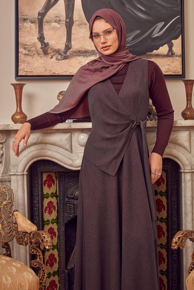 Hijab clothing BROWN BELTED PINAFORE DRESS 47056 - ALVİNA