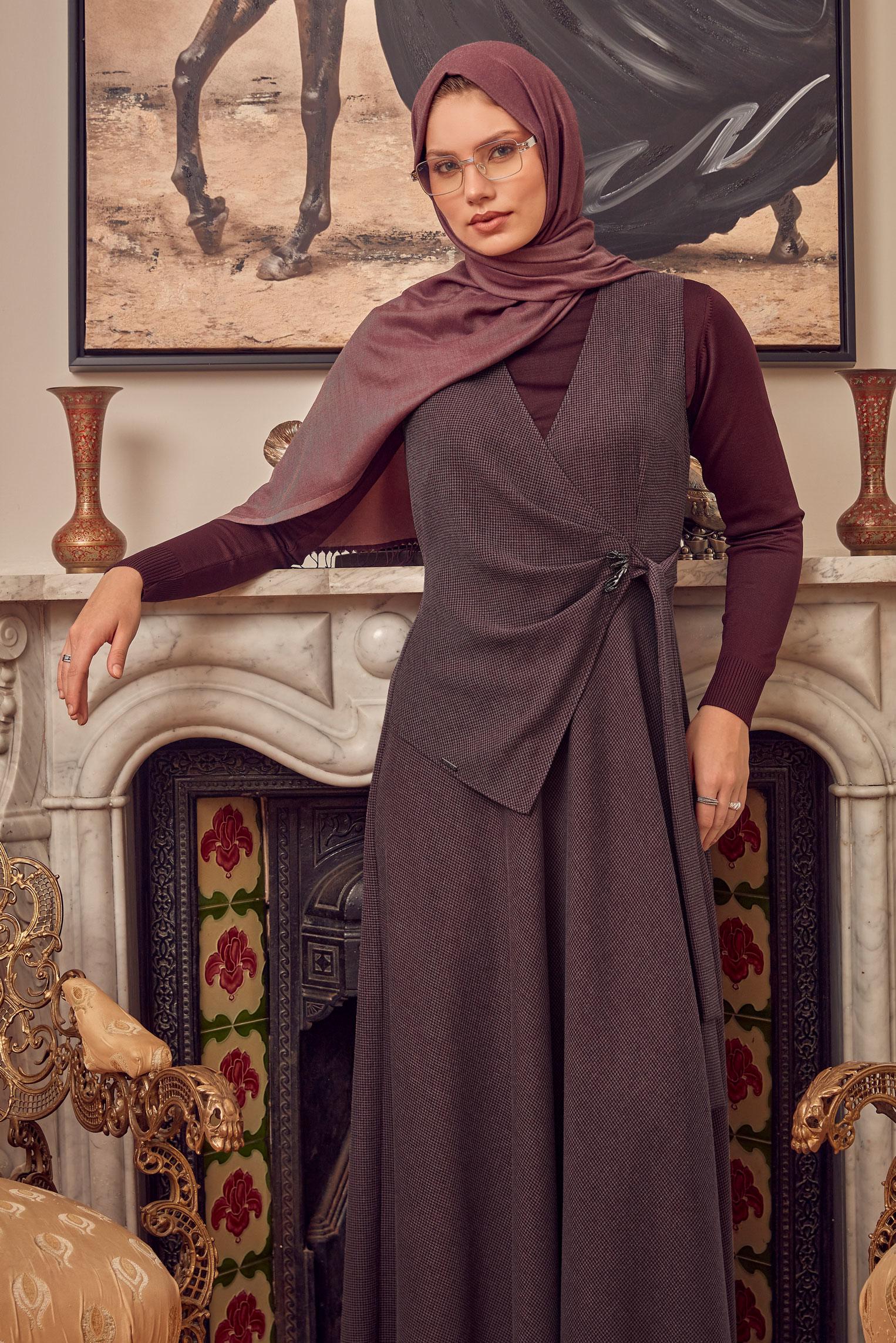 Hijab clothing BROWN BELTED PINAFORE DRESS 47056