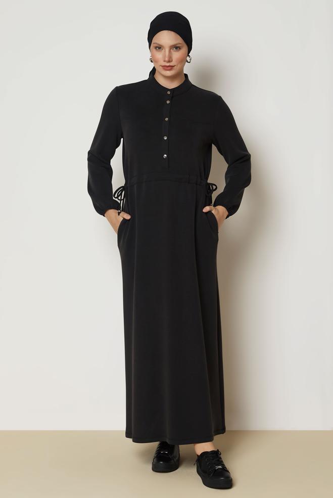 Vêtements hijab NOIR ROBE DE SURVÊTEMENT TAILLE SMOCKÉE 47034 - ALVİNA