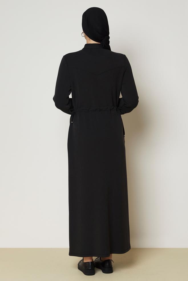 Vêtements hijab NOIR ROBE DE SURVÊTEMENT TAILLE SMOCKÉE 47034 - ALVİNA