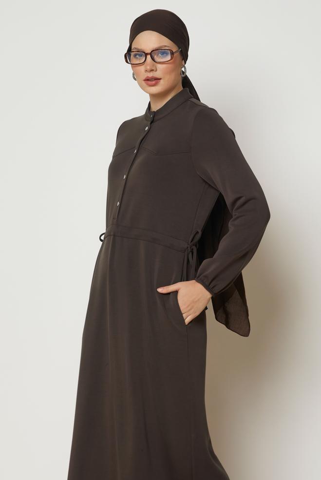 Vêtements hijab BRUN ROBE DE SURVÊTEMENT TAILLE SMOCKÉE 47034 - ALVİNA
