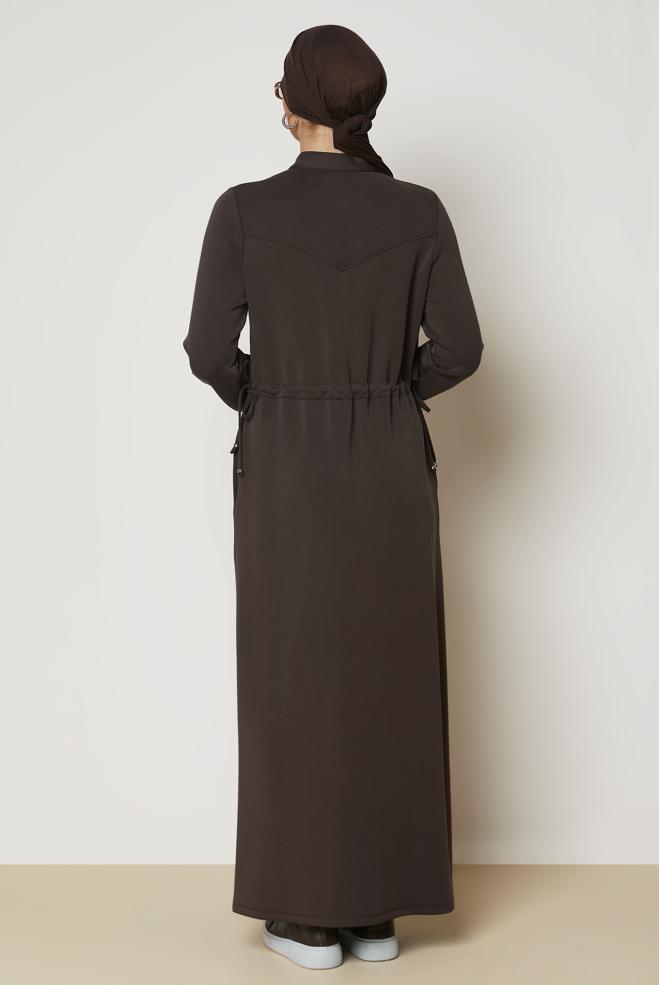 Vêtements hijab BRUN ROBE DE SURVÊTEMENT TAILLE SMOCKÉE 47034 - ALVİNA