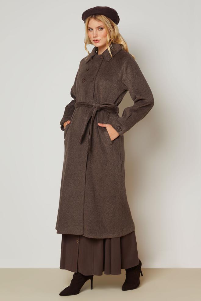 Hijab clothing BROWN BELTED CACHE COAT 90653 - ALVİNA