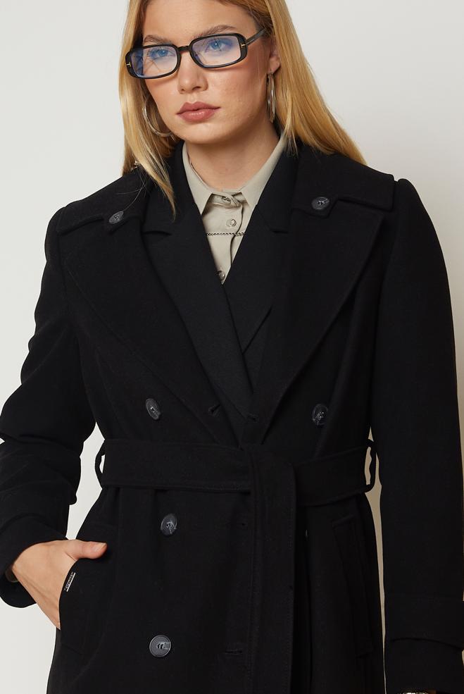 Hijab clothing BLACK BELTED CACHE COAT 90656 - ALVİNA