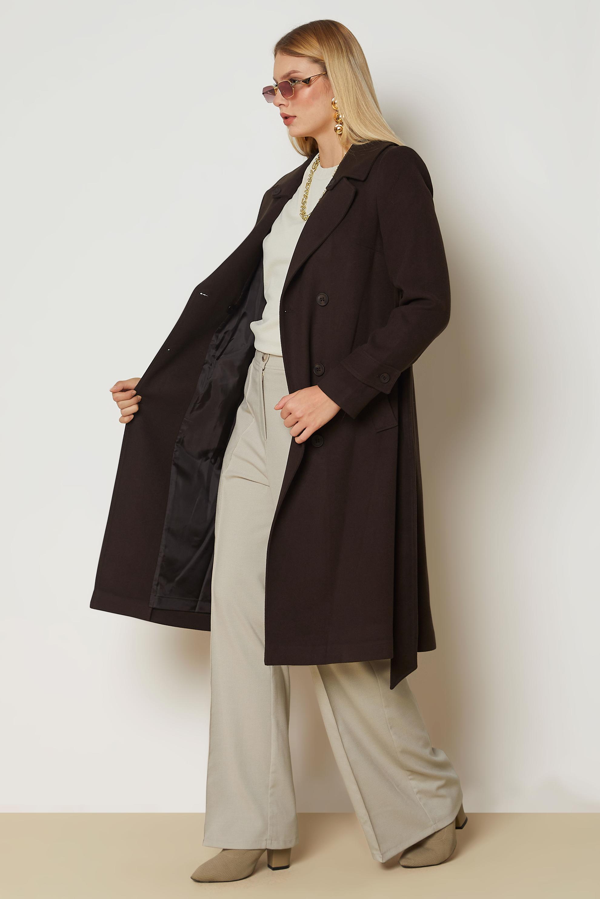 Hijab clothing BROWN BELTED CACHE COAT 90656