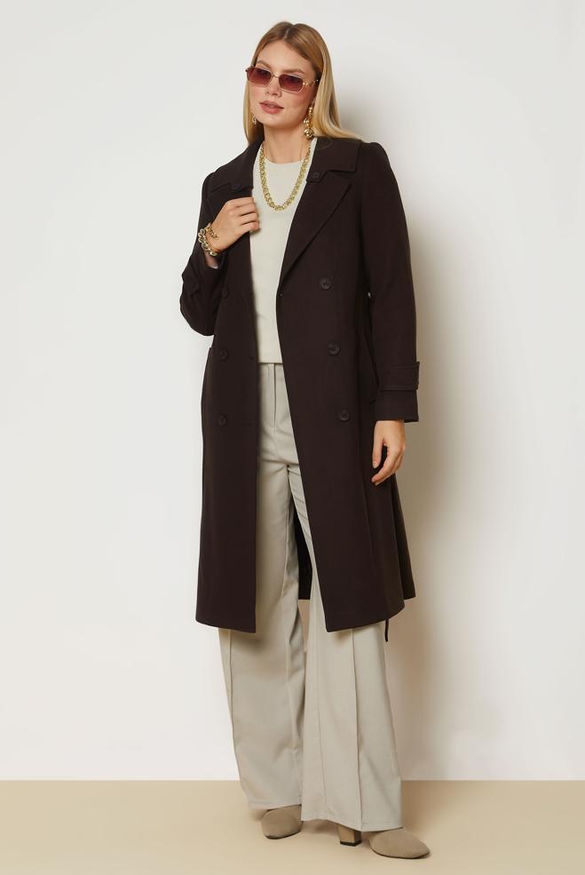Hijab clothing BROWN BELTED CACHE COAT 90656 - ALVİNA
