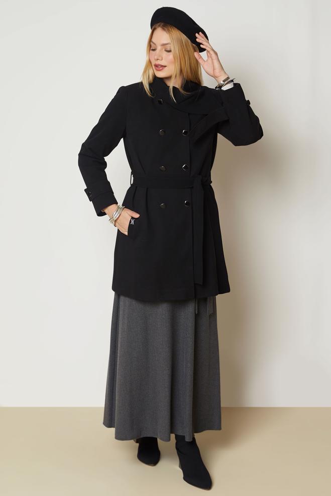 Hijab clothing BLACK BELTED COAT 90658 - ALVİNA