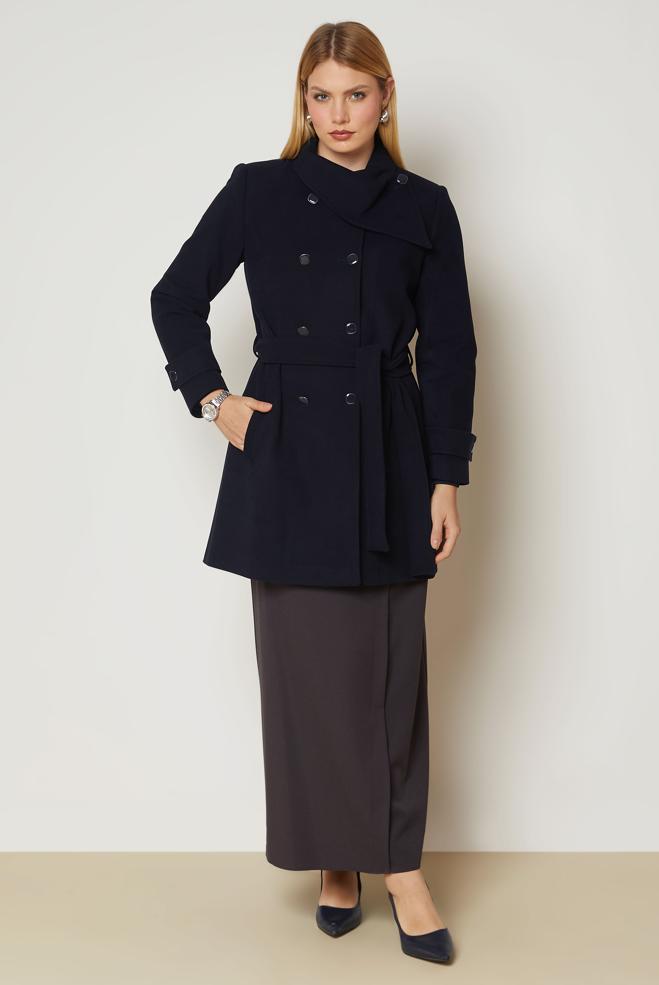 Hijab clothing NAVY BLUE BELTED COAT 90658 - ALVİNA