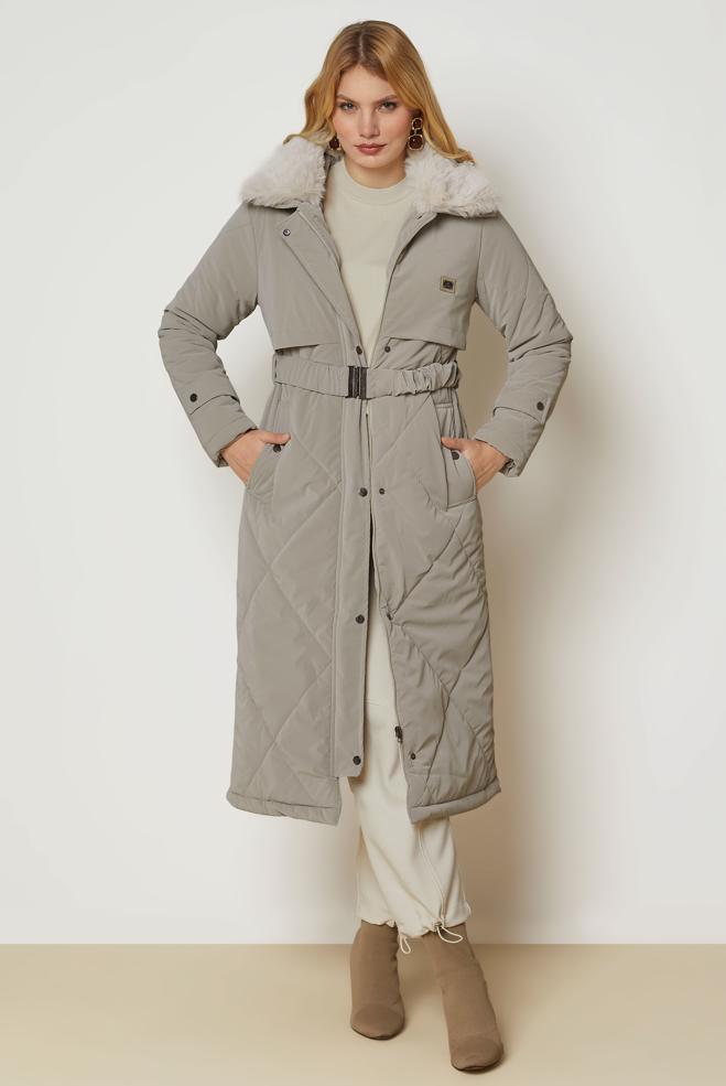 Hijab clothing BEIGE BELTED QUILTED COAT 90664 - ALVİNA