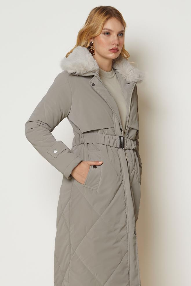 Hijab clothing BEIGE BELTED QUILTED COAT 90664 - ALVİNA