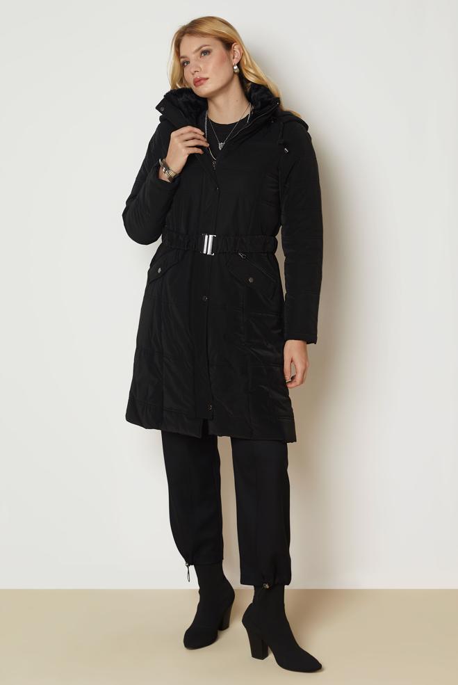 Hijab clothing BLACK BELTED QUILTED COAT 90665 - ALVİNA
