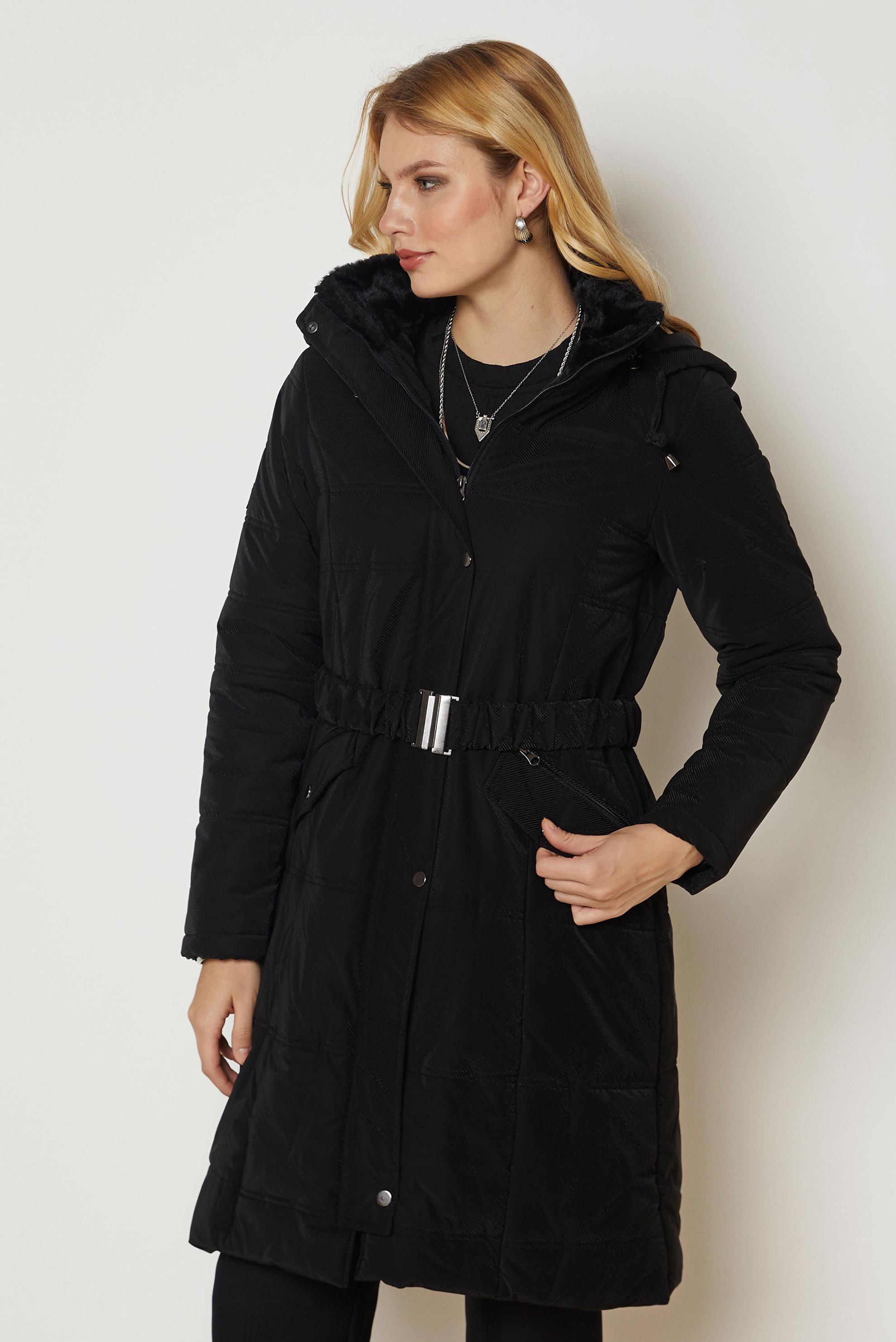 Hijab clothing BLACK BELTED QUILTED COAT 90665
