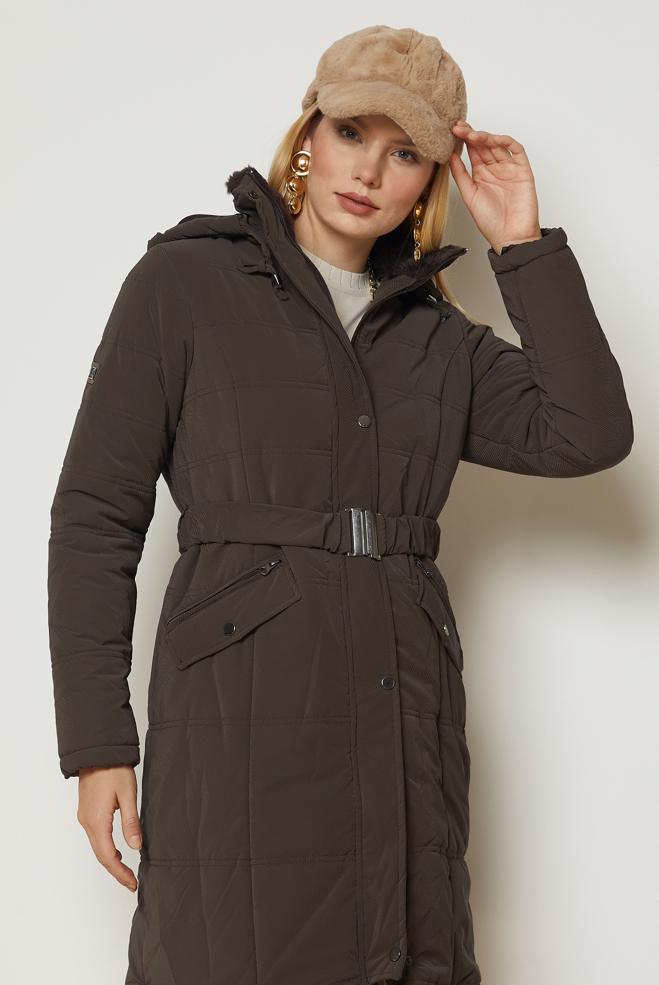 Hijab clothing BROWN BELTED QUILTED COAT 90665 - ALVİNA