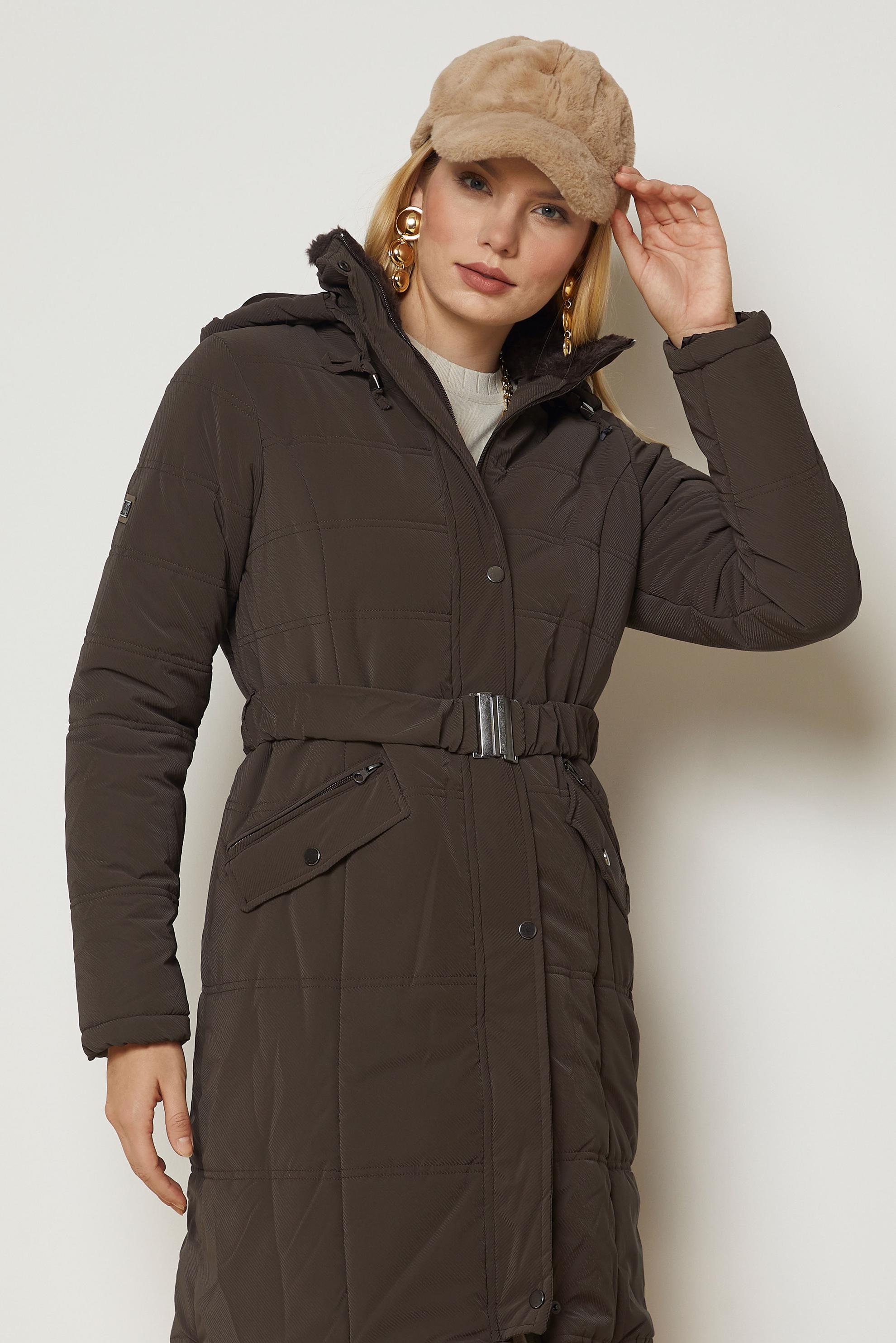 Hijab clothing BROWN BELTED QUILTED COAT 90665