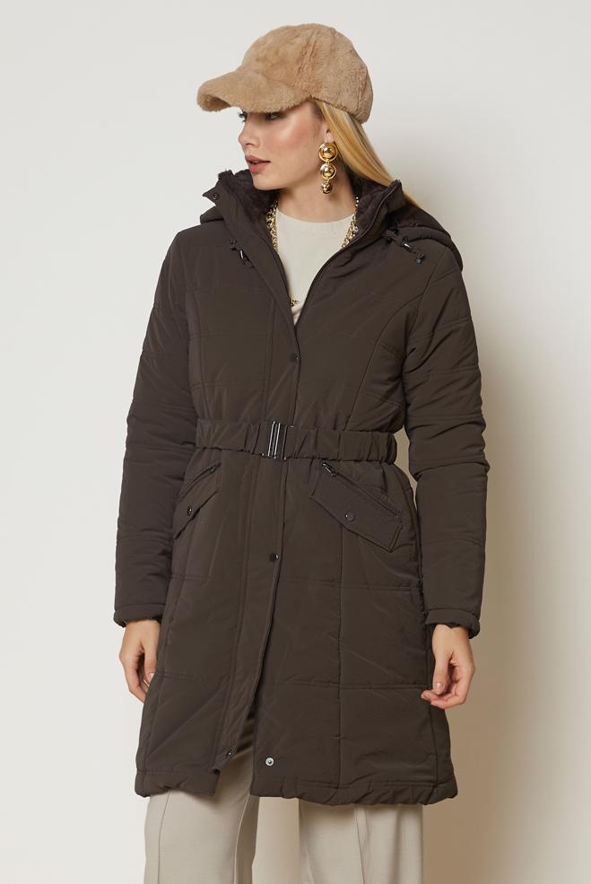 Hijab clothing BROWN BELTED QUILTED COAT 90665 - ALVİNA