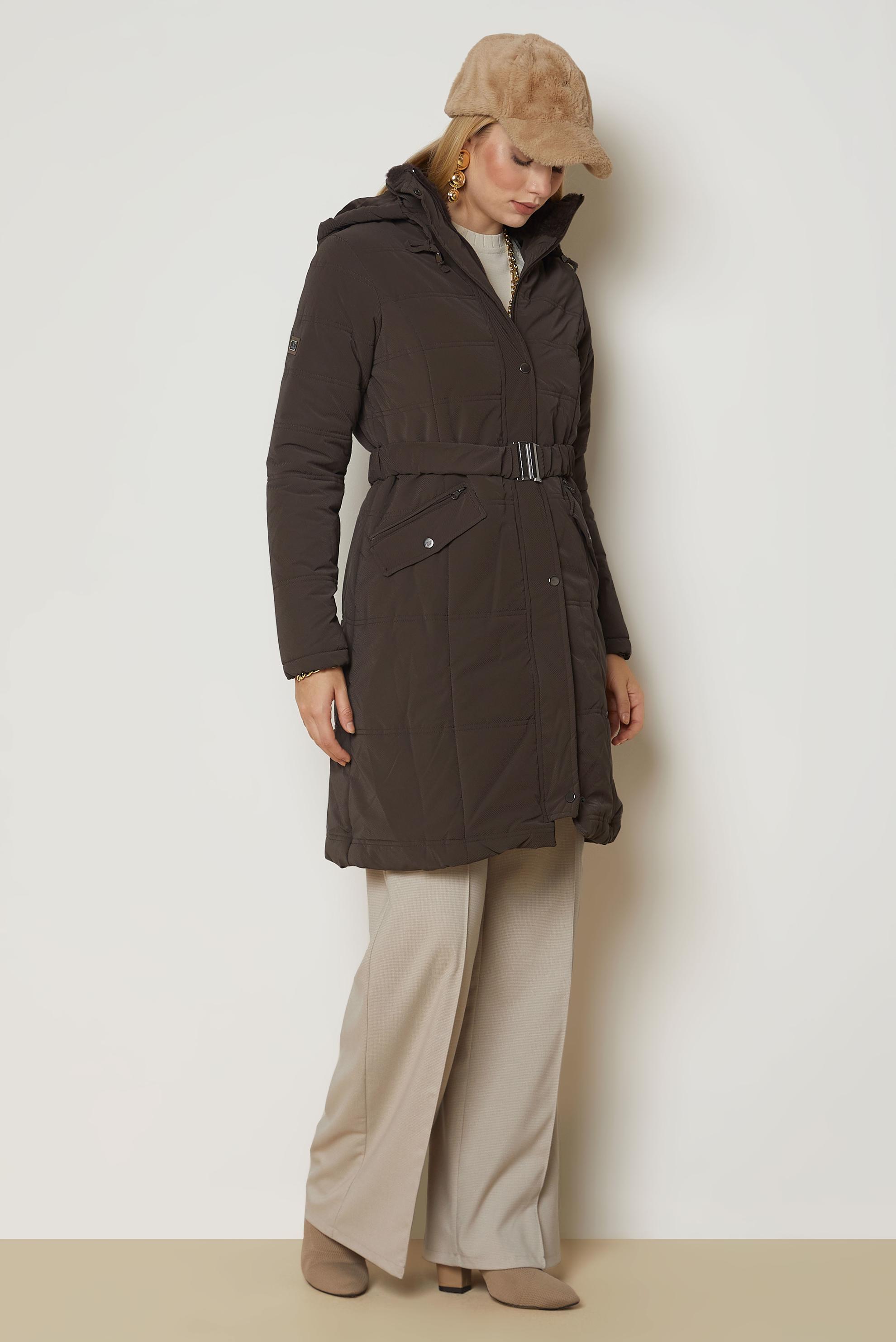 Hijab clothing BROWN BELTED QUILTED COAT 90665