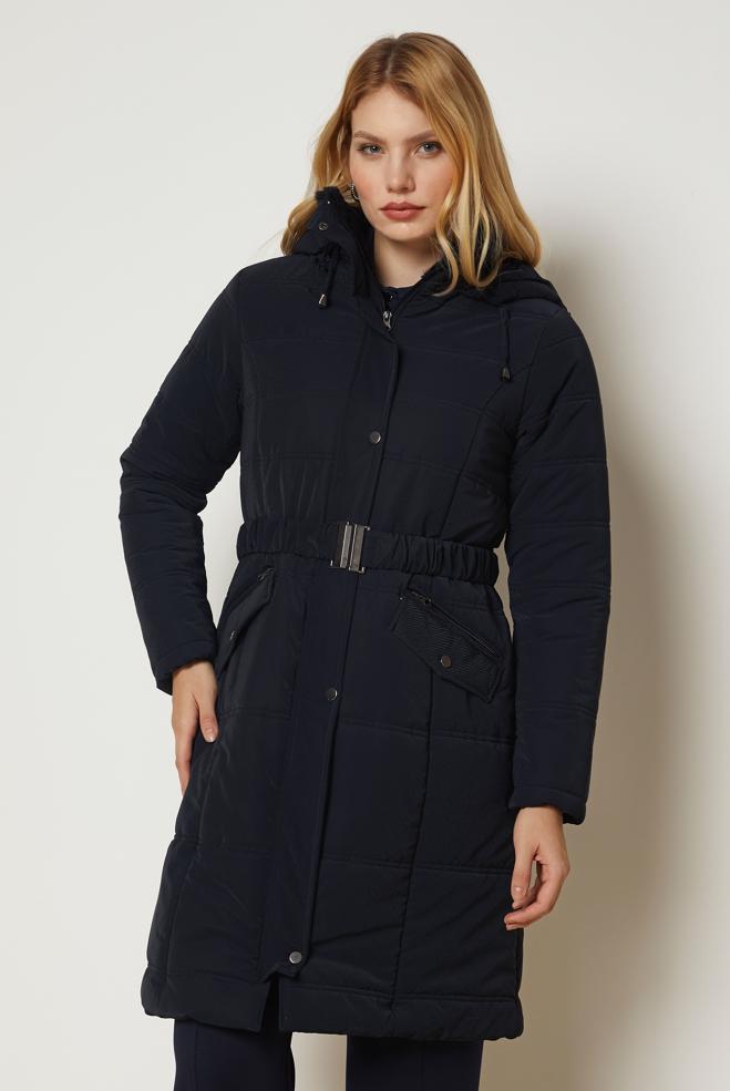 Hijab clothing NAVY BLUE BELTED QUILTED COAT 90665 - ALVİNA