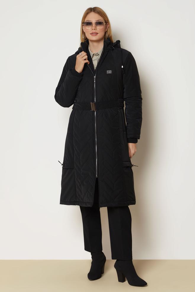 Hijab clothing BLACK BELTED QUILTED COAT 90666 - ALVİNA