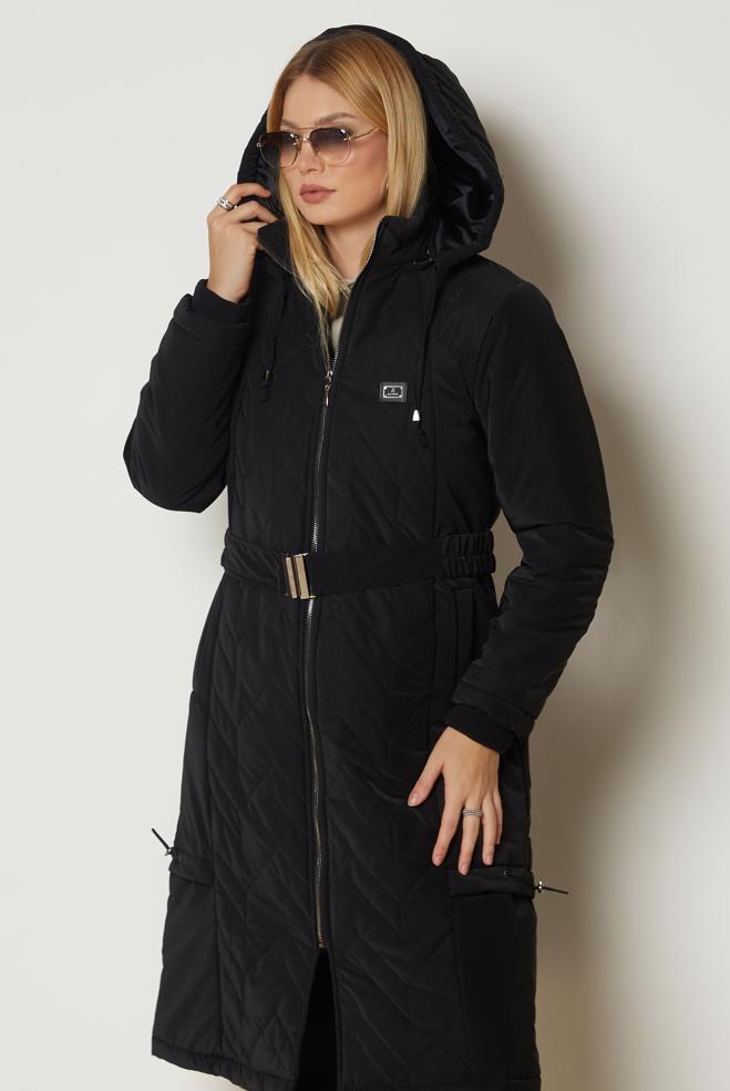 Hijab clothing BLACK BELTED QUILTED COAT 90666 - ALVİNA