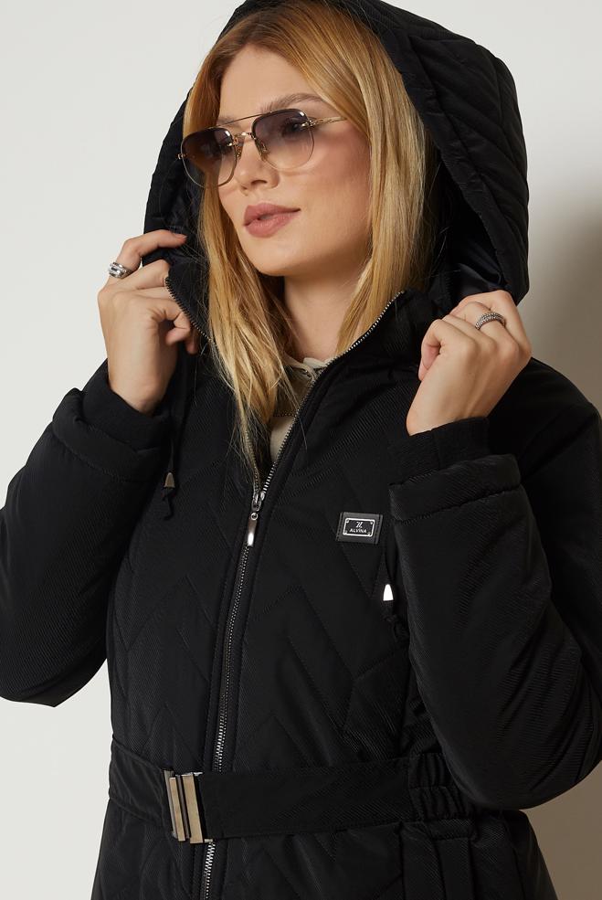 Hijab clothing BLACK BELTED QUILTED COAT 90666 - ALVİNA