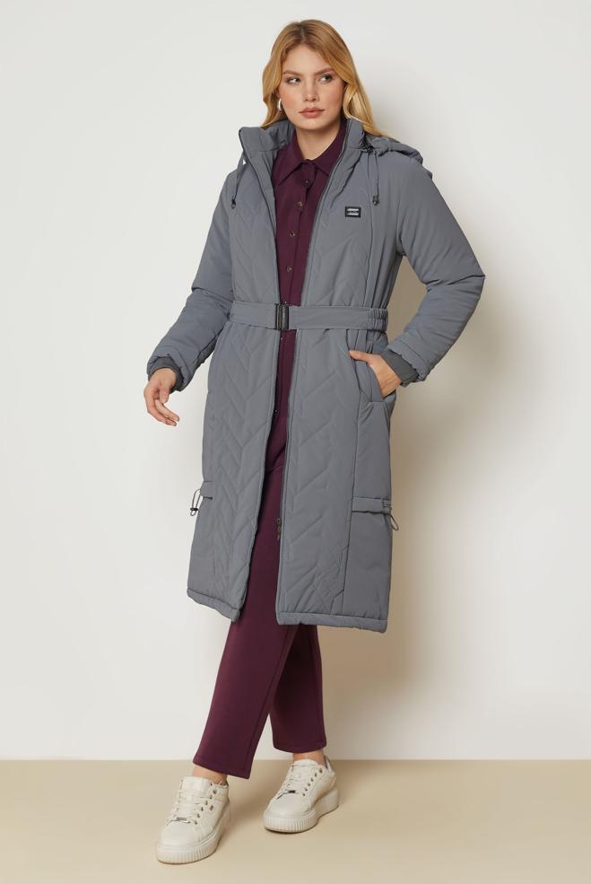 Hijab clothing GREY BELTED QUILTED COAT 90666 - ALVİNA