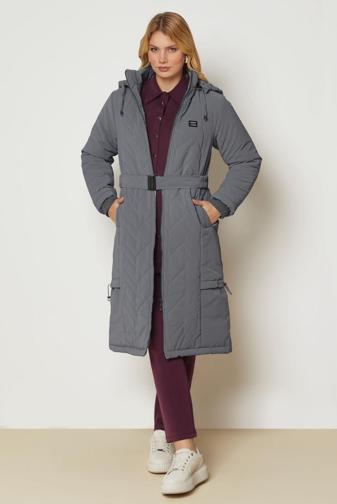 Hijab clothing GREY BELTED QUILTED COAT 90666 - ALVİNA