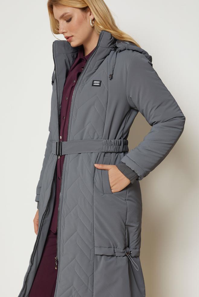 Hijab clothing GREY BELTED QUILTED COAT 90666 - ALVİNA