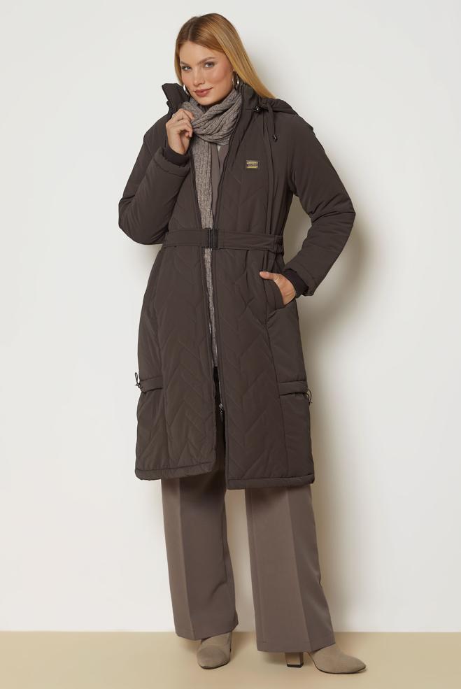 Hijab clothing BROWN BELTED QUILTED COAT 90666 - ALVİNA