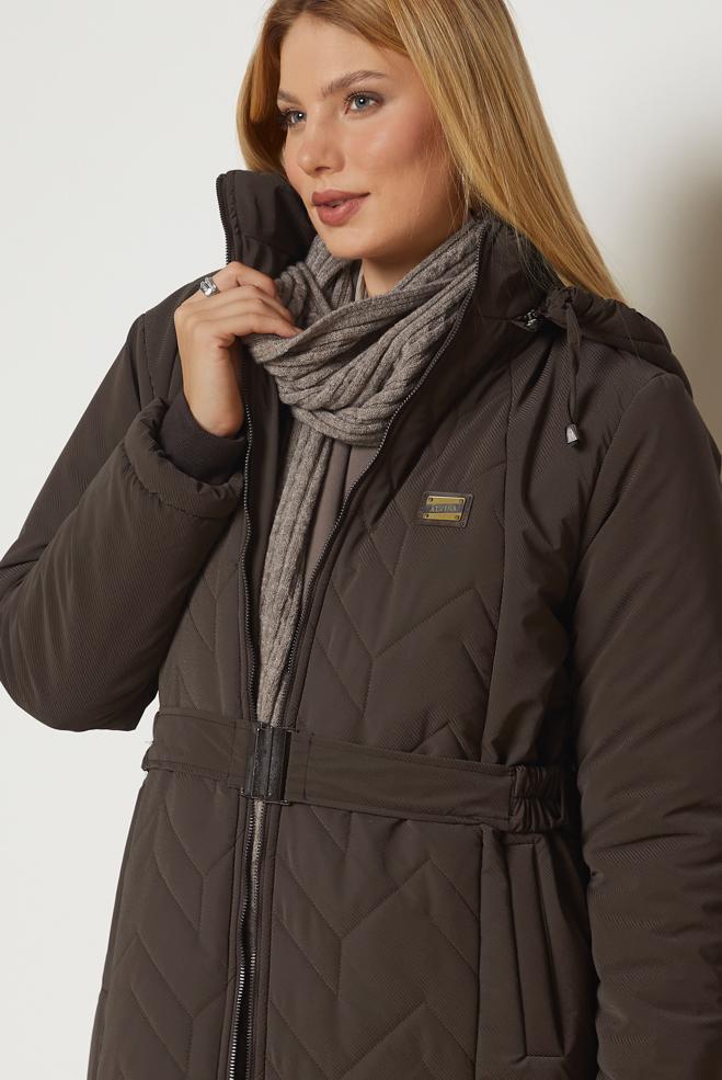 Hijab clothing BROWN BELTED QUILTED COAT 90666 - ALVİNA