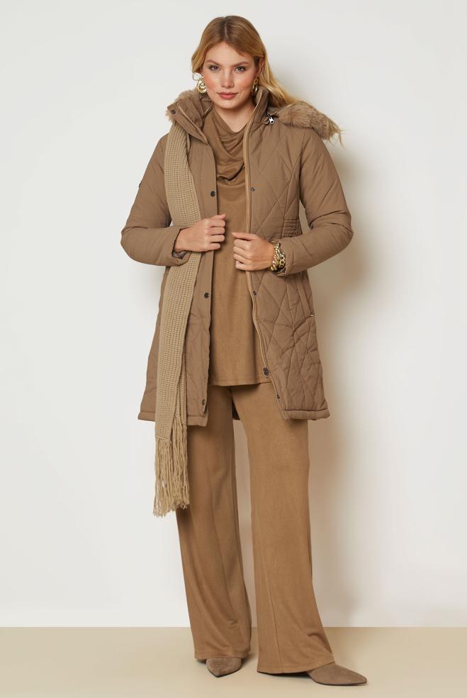 Hijab clothing BROWN HOODED QUILTED COAT 90668 - ALVİNA